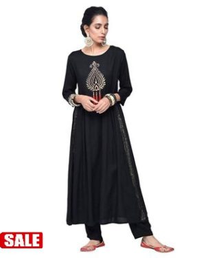 Women's Black Printed Rayon A-Line Kurta - GRE