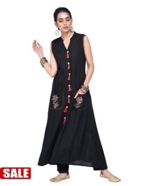 Women's Black Printed Rayon A-Line Kurta - GRE