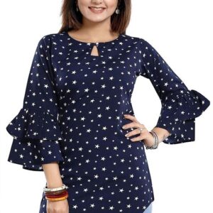 Expecting Smile Women's Rayon Floral Peplum Top with Princess Sleeve; Office wear, Summer Wear,Winter Wear Navy Star print